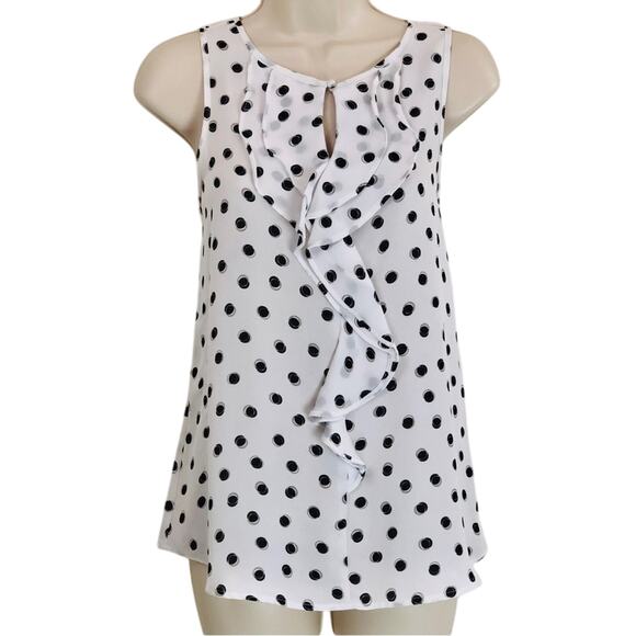 Elle White Black Polka Dot Sleeveless Top Ruffle Front Keyhole Button Closure - Picture 16 of 16